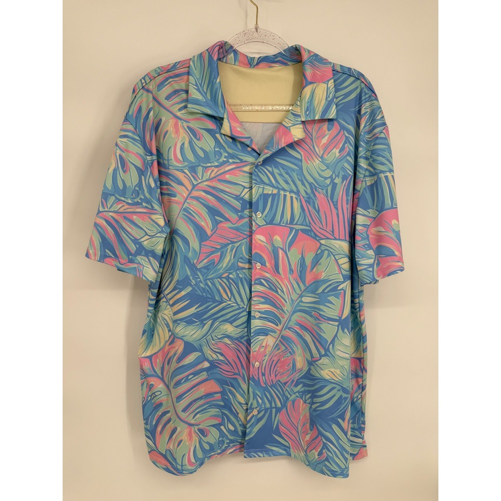 Tropical Leaf Print Short Sleeve Button Down Hawaiian Camp Shirt Blue Pink XL